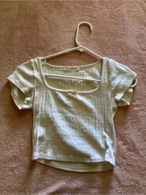 gaze Cream Ribbed Square-Neck Crop Top with Bow